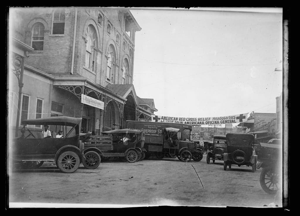 Red Cross relief headquarters at the San Antonio city market after the September 1921 flood — the catastrophe that triggered the river-control debate and, eventually, the River Walk.